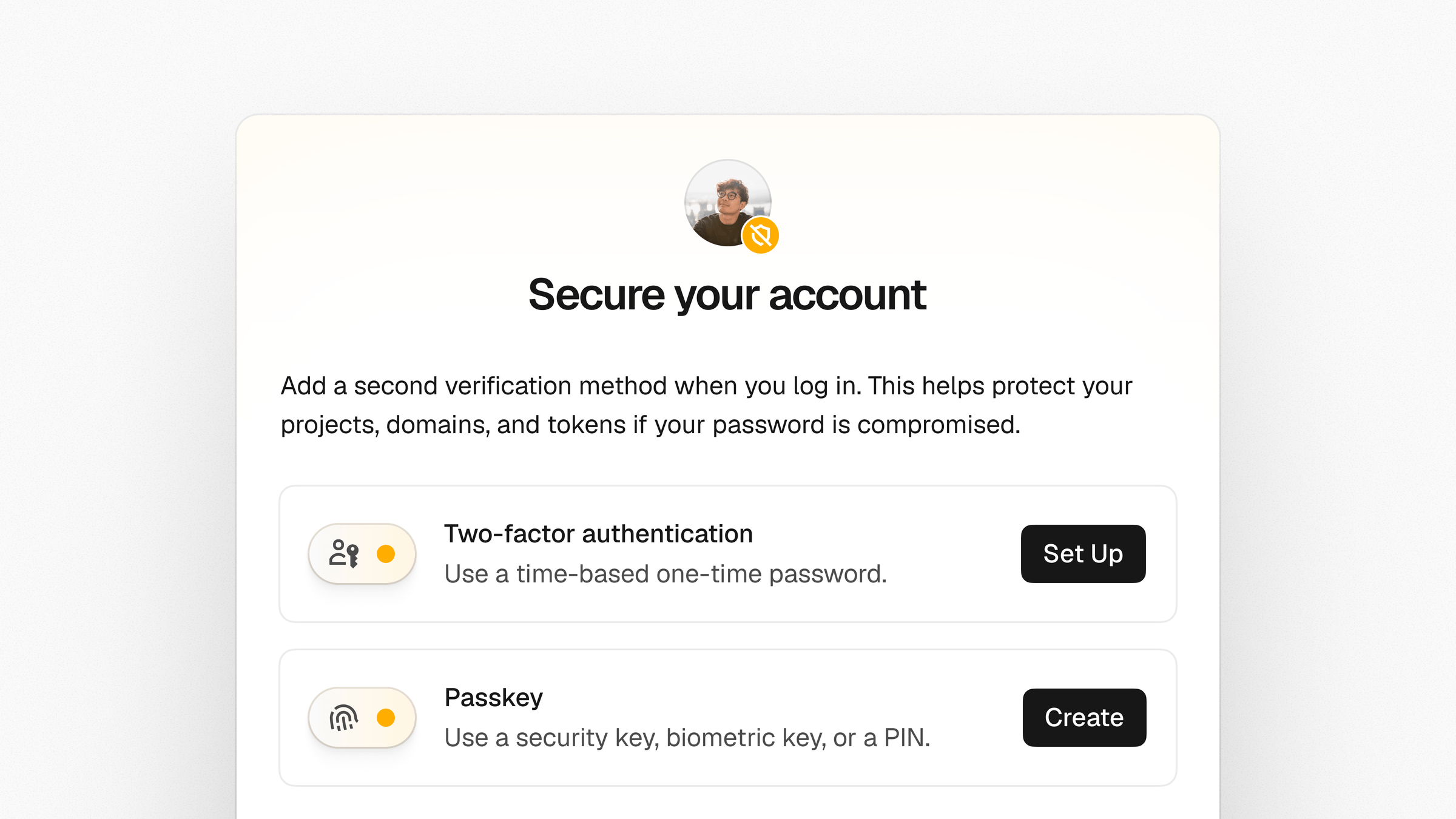 A Vercel modal titled Secure your account prompting the user to add two-factor authentication or a passkey